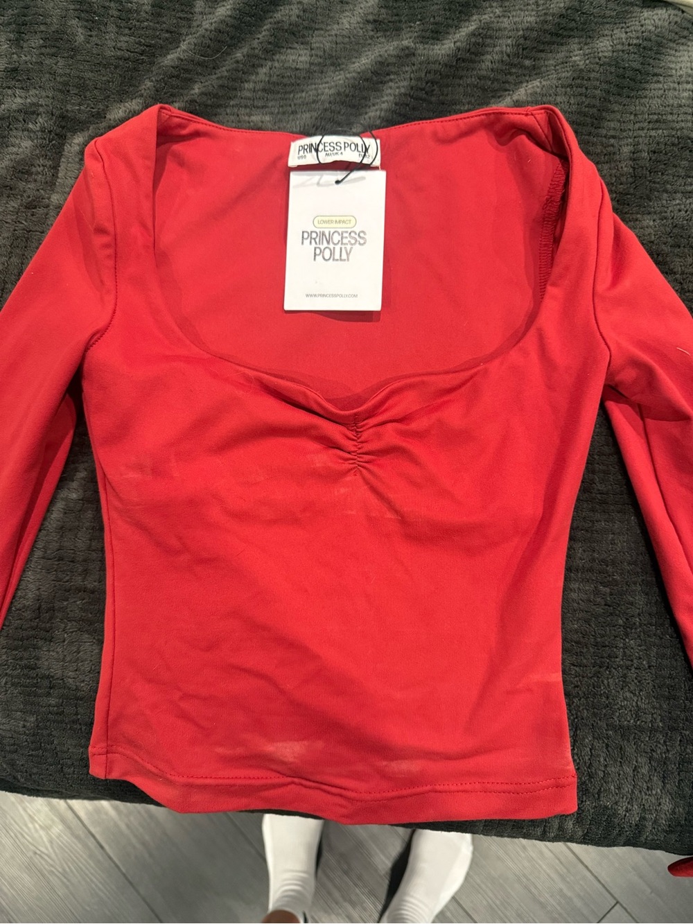 Princess Polly Red Long Sleeve Scoop-Neck Ruched Front Top
